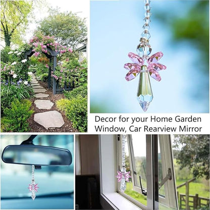 Rainbow Guardian Angel Crystal Suncatcher Hanging Ornament Pink Glass Prism Rainbow Maker for Home Window Car Porch Decoration Spiritual Sun Catcher Gift for Mom Women Friends