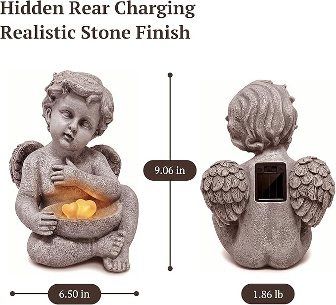 MXwcy Solar Angel Statue with Bird Feeder, 9.06" Resin Angel Figurines for Outdoor Garden Decor, Solar Garden Lights for Yard Lawn Patio Grave, Memorial Garden Decor Angel Gifts for Women Mom Grandma