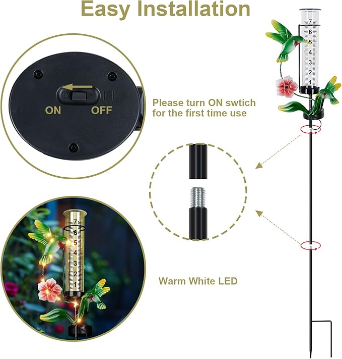 Hummingbird Rain Gauge Outdoor, Solar Stake Rain Gauges for Yard with LED Lights & Plastic Measuring Cup Large Rain Gauge Outdoor Decorative Water Gauge for Rain for Garden, Lawn, Pathway Decor