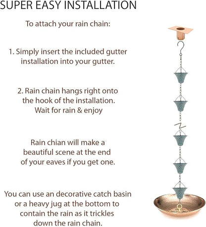 8.5FT Bell Iron Rain Chains for Gutter and Rain Barrel, Rust-Resistant Plated Garden Décor for Downspout, Bonus Rain Chain Gutter Adapter (Antique-Blue)