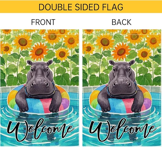 Sunflowers Garden Flag Swimming hippo Welcome Summer Garden Flags Vertical Double Sided Small Burlap Enjoy a Holiday Lawn Yard Outdoor Decorations