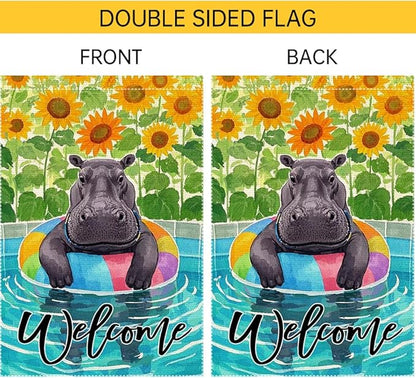 Sunflowers Garden Flag Swimming hippo Welcome Summer Garden Flags Vertical Double Sided Small Burlap Enjoy a Holiday Lawn Yard Outdoor Decorations