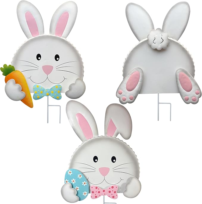 Easter outdoor decorations,Bunny Yard Signs,3D Sculptures,Easter Yard Stakes,Set of 3,Durable Weather-Resistant Design, Rabbits Garden Stakes for Home Outside Lawn, Garden, Patio, Outdoor Decor