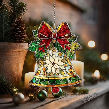 Winter Jingle Bell Scarf Knot Socks Acrylic Suncatcher Stained Glass Effect Window Car Hanging Christmas Ornament Indoor Outdoor Decor Garden Sun Catcher Panel for Women Mom Grandma