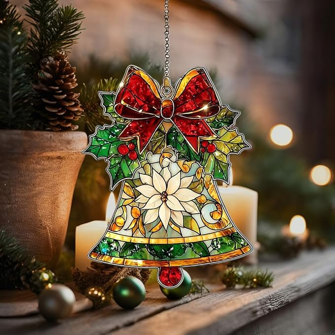 Winter Jingle Bell Scarf Knot Socks Acrylic Suncatcher Stained Glass Effect Window Car Hanging Christmas Ornament Indoor Outdoor Decor Garden Sun Catcher Panel for Women Mom Grandma