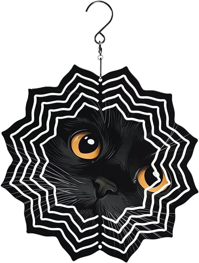 8 Inch Sublimation Wind Spinner, 3D Aluminum Metal Wind Spinner with Hook, Indoor Yard Garden Hanging Decoration, Weather Resistant Rotating Spiral Ornament, Black Cat's Eyes