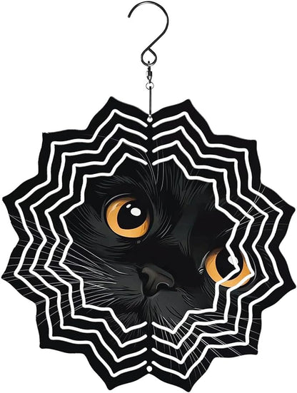 8 Inch Sublimation Wind Spinner, 3D Aluminum Metal Wind Spinner with Hook, Indoor Yard Garden Hanging Decoration, Weather Resistant Rotating Spiral Ornament, Black Cat's Eyes