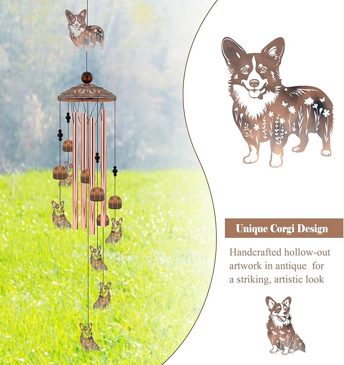 Corgi Wind Chimes for Outside,Metal Garden Decor Corgi Windchimes Gifts for Grandma/Women Birthday Gifts,Outdoor/Indoor Metal Wind Chime for Garden,Home, Lawn, Porch, Yard (35")