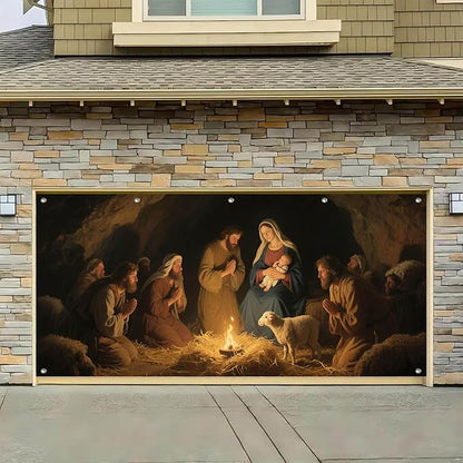 HOMETITUTE 13x6ft Nativity Scene Garage Door Banner Shepherds Adoring Baby Jesus Mary Polyester Large Outdoor Xmas Decoration for Holiday Party Winter Yard Home School Church Community Display