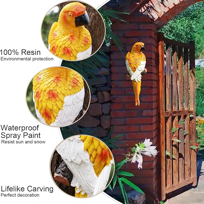 Large Parrot Decor Outdoor Tiki Bar Decorations Realistic Parrot Statues for Outside Lifelike Bird Fake Macaw Sculptures Garden Patio Yard Law Tropical Tree Wall Decoration(Yellow)