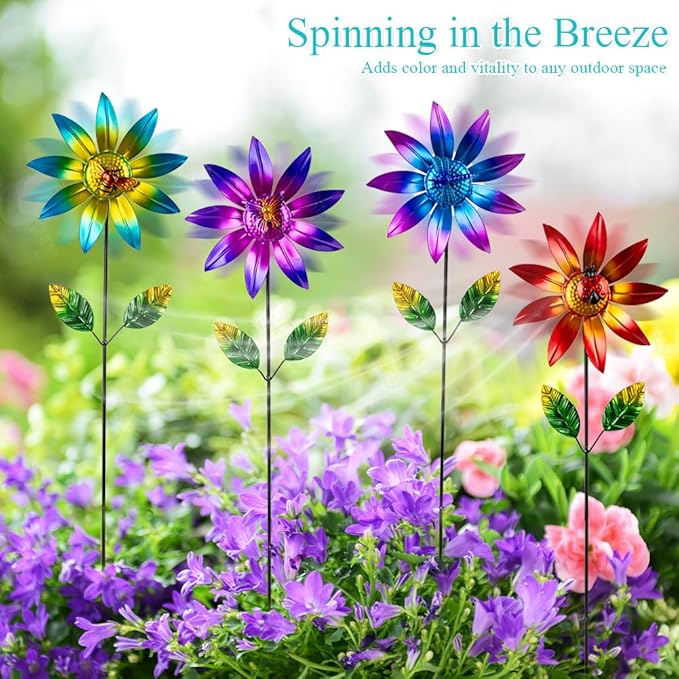 4 Packs Wind Spinner Outdoor, Pinwheels for Yard and Garden, Metal Flower Decorative Garden Stakes for Lawn Patio Porch Decor