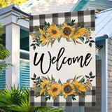 LARMOY Welcome Spring House Flag for Outdoor,28×40 Double Sided Black and White Buffalo Plaid with Sunflowers,Large Decorative Yard Flags for Summer All Seasons, Seasonal Farmhouse Outside Decor