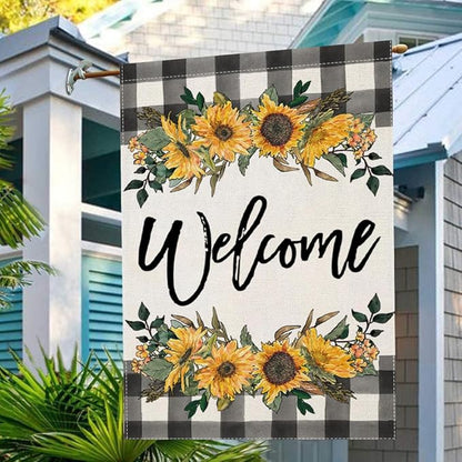 LARMOY Welcome Spring House Flag for Outdoor,28×40 Double Sided Black and White Buffalo Plaid with Sunflowers,Large Decorative Yard Flags for Summer All Seasons, Seasonal Farmhouse Outside Decor
