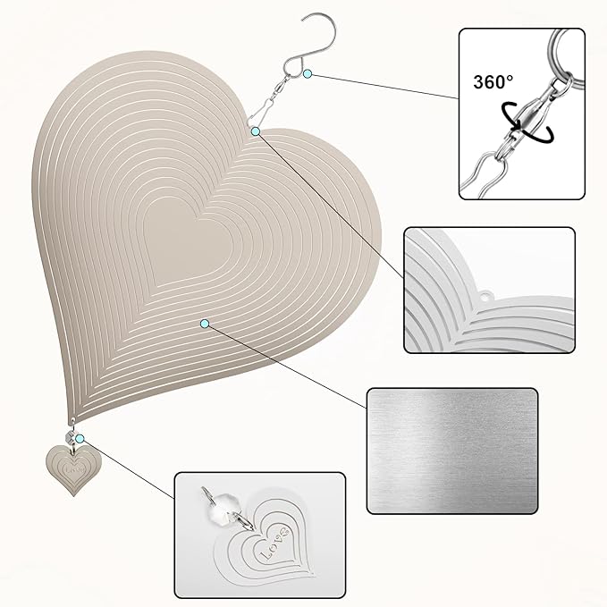 Wind Spinners, 2 Pack 10in 3D Stainless Steel Outdoor Hanging Wind Spinner with 2X Heart-Like Pendant and 3X 360° Rotating Hook, Reflective Decor for Outside Yard and Garden (2 Pack) (Heart-Like)