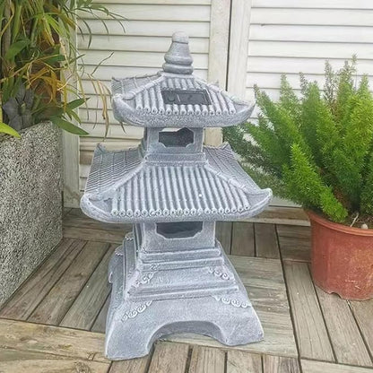 Buokai Solar Outdoor Garden Statue with 2 Tier Pagoda Lantern, Zen Japanese Style for Lawn Decoration and Christmas Ornament