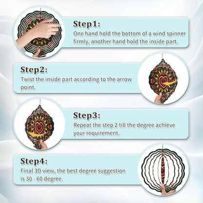 Mandala Wind Spinners Outdoor, Hanging Wind Spinner for Garden Decoration, 8 inch 3D Stainless Steel Metal Wind Sculpture for Indoor/Outdoor Decor