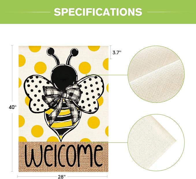 AVOIN colorlife Summer Polka Dot Bee Welcome House Flag 28x40 Inch Double Sided Outside, Seasonal Holiday Burlap Yard Outdoor Decoration