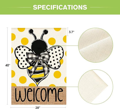 AVOIN colorlife Summer Polka Dot Bee Welcome House Flag 28x40 Inch Double Sided Outside, Seasonal Holiday Burlap Yard Outdoor Decoration