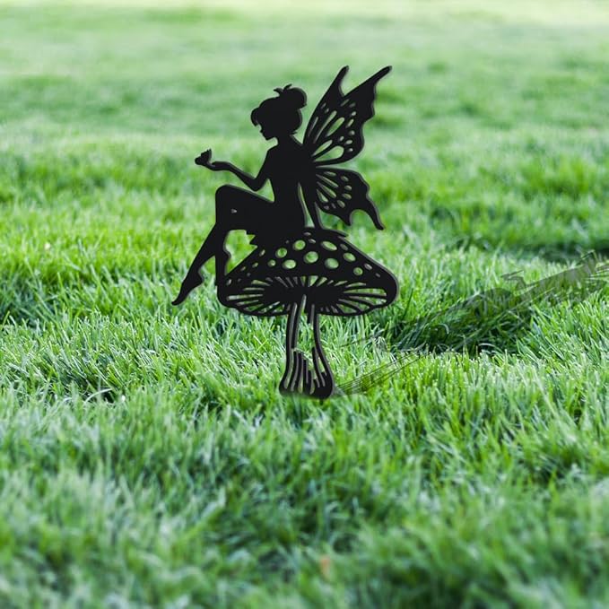 WADORN Flower Fairy Metal Garden Yard Decor, Fairy Theme Outdoor Silhouette Stake Ornaments Mushroom Fairy Sculpture Statues Garden Arts Decor for Backyard Lawn Patio Outdoor Spring Decor