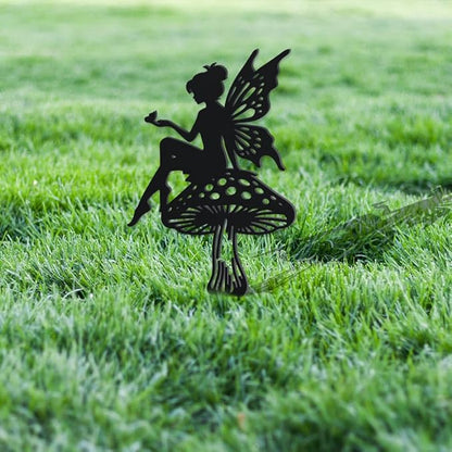 WADORN Flower Fairy Metal Garden Yard Decor, Fairy Theme Outdoor Silhouette Stake Ornaments Mushroom Fairy Sculpture Statues Garden Arts Decor for Backyard Lawn Patio Outdoor Spring Decor