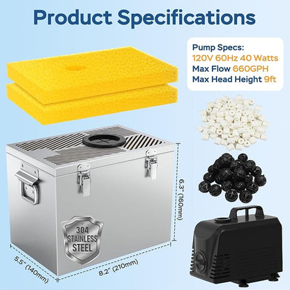 All-in-1 Pond Waterfall Kit with LED Light, 12-inch Stainless Steel Spillway with 660GPH Pump Filter Box, 3-Stage Filtration Outdoor Waterfall for Water Feature, Garden, Backyard, Pool