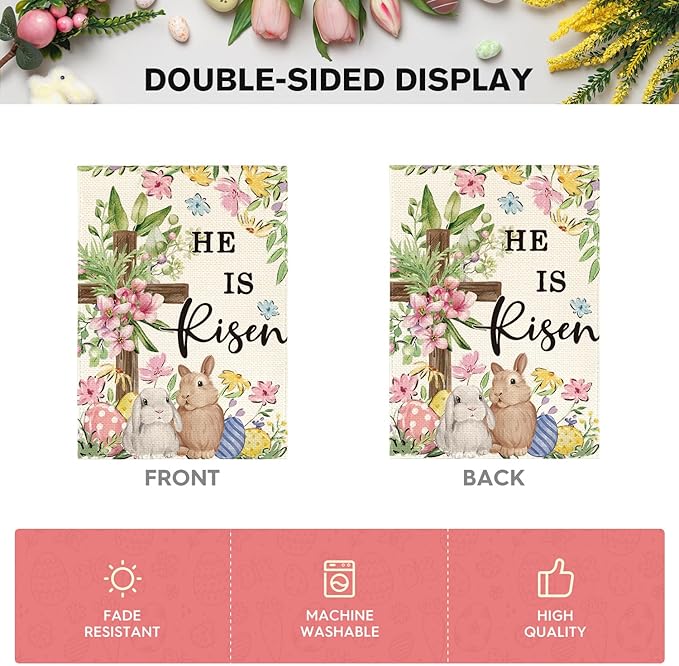 AVOIN colorlife He Is Risen Easter House Flag 28x40 Inch Double Sided Outside, Bunnies Flowers Cross Yard Outdoor Decoration