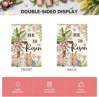 AVOIN colorlife He Is Risen Easter House Flag 28x40 Inch Double Sided Outside, Bunnies Flowers Cross Yard Outdoor Decoration
