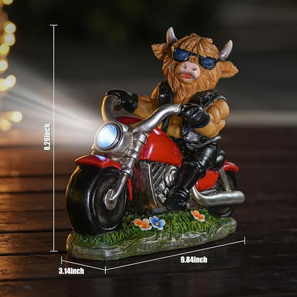 Joint Honglin Decorative Highland Cow on Motorcycle Statue with LED Headlight - Rustic Outdoor Garden Ornament, Biker Cow Figurine for Yard, Patio, or Home Decor Gifts