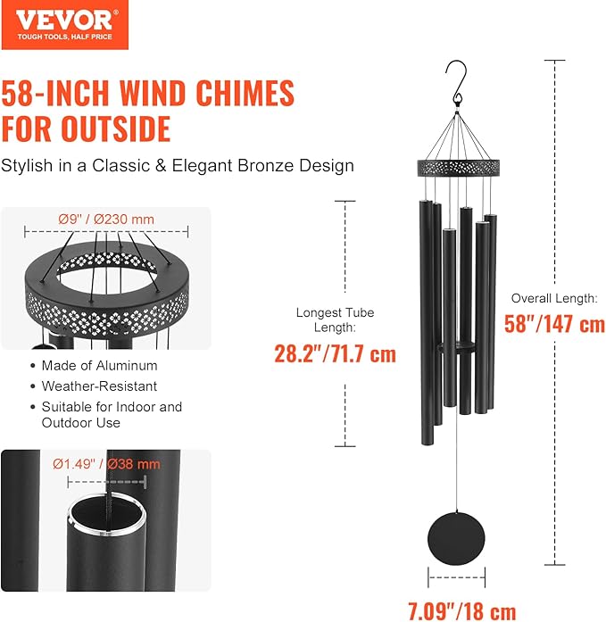 VEVOR 58" Deep Tone Wind Chimes for Outside – Large Memorial Wind Chimes, Sympathy Gifts for Loss of Loved One, Mother, Father, Outdoor Decor for Garden, Patio, Yard, Soothing Melodic Tones