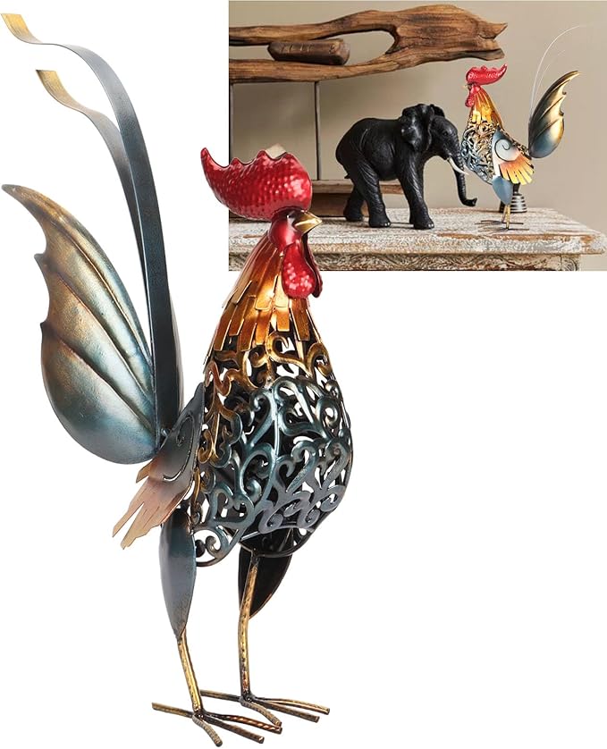 Decorative Iron Rooster Sculpture, Carved Metal Rooster Statue for Garden, Deck, Home, & Friendly, Hollow Design & Detachable Tail, Versatile Indoor Outdoor Decoration,