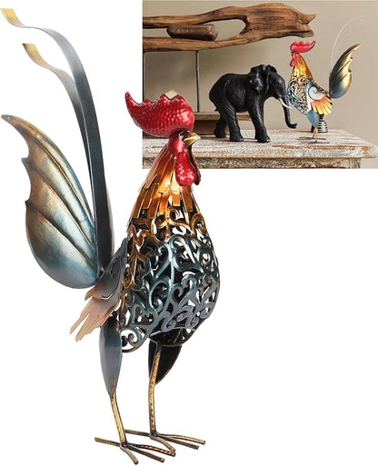 Decorative Iron Rooster Sculpture, Carved Metal Rooster Statue for Garden, Deck, Home, & Friendly, Hollow Design & Detachable Tail, Versatile Indoor Outdoor Decoration,