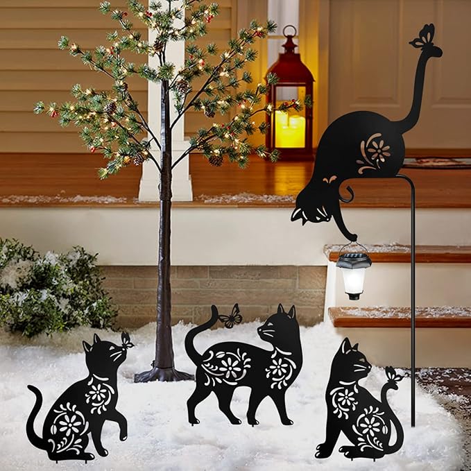 Cat Holding Solar Lantern Garden Stakes Outdoor Metal Cat Stakes Decorative Garden Stakes Suitable for Yard and Lawns(Cats Decor Garden Stake)