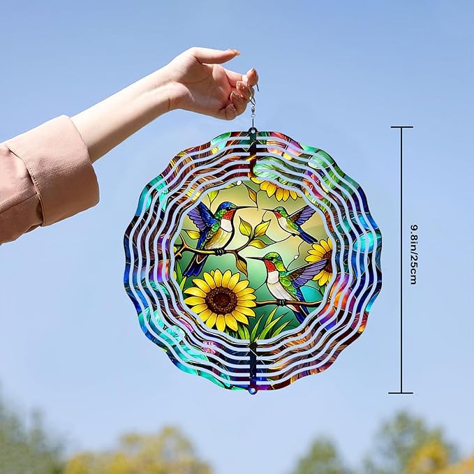 10 Inch Hummingbird Wind Spinner, 3D Metal Hanging Bird Kinetic Wind Rustproof Sculpture Gift for Women Mom Grandma Wife, Yard Garden Balcony Spring Ornament Outdoor Decor