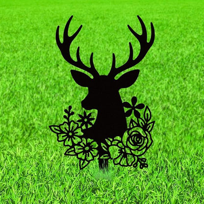 WADORN Deer Head Flowers Metal Decorative Garden Stakes, Black Outdoor Statues Silhouette Cute Deer Lover Gifts Animal Stakes Silhouette Ornaments for Yard Art Garden Patio Backyard Lawn Decors