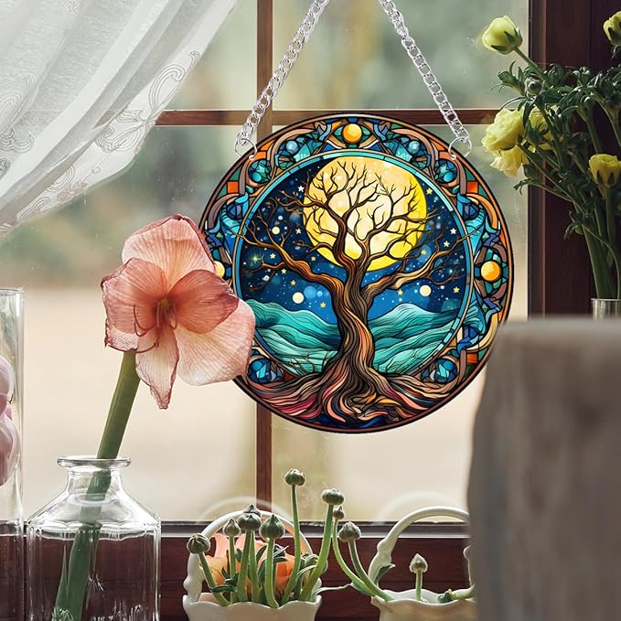 1PC Tree of Life Stained Glass Suncatcher Nature Round Big Trees and Stars Moon Suncatcher Hanging Decoration with Metal Chain-SunCatchers for Window Decor Outdoor Garden Decor Gift