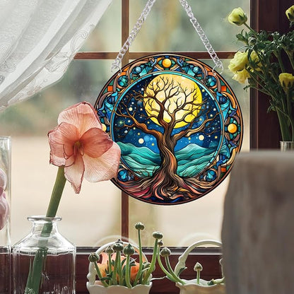1PC Tree of Life Stained Glass Suncatcher Nature Round Big Trees and Stars Moon Suncatcher Hanging Decoration with Metal Chain-SunCatchers for Window Decor Outdoor Garden Decor Gift