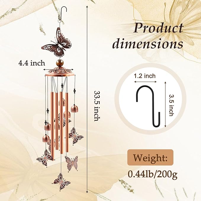 Ukulork Wind Chimes Outdoor Clearance, Butterflies Aluminum Tube Windchime with S Hook,Patio Garden Decor, Housewarming Gift.