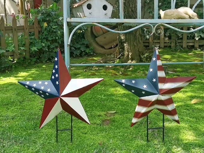 2set Metal Star Barn Yard Sign Garden Stake Decor for 4th of July Veterans Day, Patriotic US Flag Barn Star Yard Stake Outdoor Patio Lawn Decorations or Rustic Star Barn Ornament Wall Decor for House