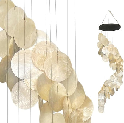 Bellaa 24537 Wind Chimes Outdoor, Garden Decorations, Musical, Indoor/Outside Windchimes, Beach, Ocean Breeze, Gifts for Mom, Gift for All Occasions, Capiz Sea Glass Shells Wood 27 inch White Gold
