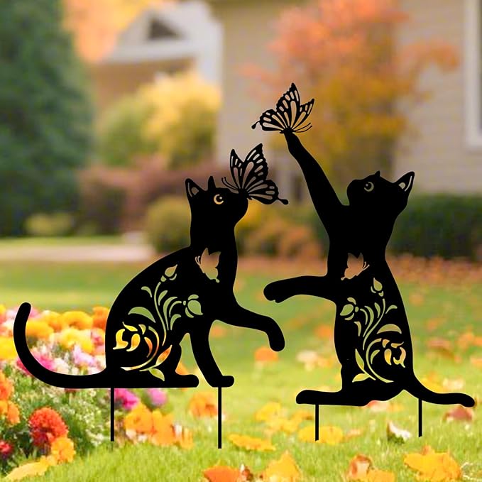 WONDER GARDEN Metal Cat Decor for Outside - 2 Pack Garden Stakes Decorative, Black Cat Silhouette Statues Lawn Ornaments Yard Art Patio Decor Women Men Mom Gifts