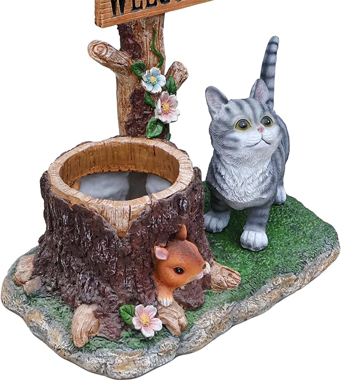 Solar Light Animal Outdoor Statue Planter with Welcome Sign, Resin Garden Sculpture Flower Pot for Patio Lawn Porch Yard Courtyard Decor, Weather-Resistant Decorative Figurine Accent (C)