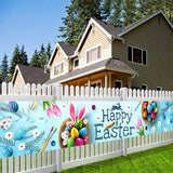 Happy Easter Banner 120" x 20" Outdoor Party Supplies Backdrop Bunny Eggs tulip Easter Banners for Home Decor Outside Indoor Garden Fence Garage Balcony Porch Tree Front Door Decorations