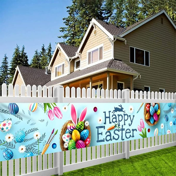 Happy Easter Banner 120" x 20" Outdoor Party Supplies Backdrop Bunny Eggs tulip Easter Banners for Home Decor Outside Indoor Garden Fence Garage Balcony Porch Tree Front Door Decorations