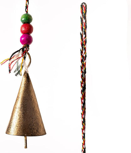 Rustic Vintage Bell for Home Wall Décor Decoration Garden - 5 Handmade Bells in a String with Beads Wind Chime Bell Chime Cow Cat Cattle Bells Gifting (Antique Golden Cones)