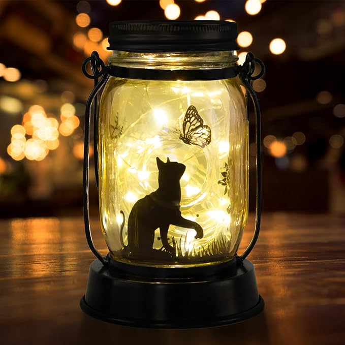 Cat Lover Gifts for Mom/Grandma/Women/Sister Cat Butterfly Solar Light Gifts Mother Day Gift Solar Lanterns Outdoor Waterproof Fairy Lights Led Mason Jar Hanging Cat Lamps Decor for Garden Yard Torche