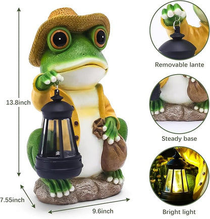 Pohabery Large Frog Garden Statue, 13.3 Inches Tall, Resin Frog Decor with Solar Lantern for Outdoor Decoration and Housewarming