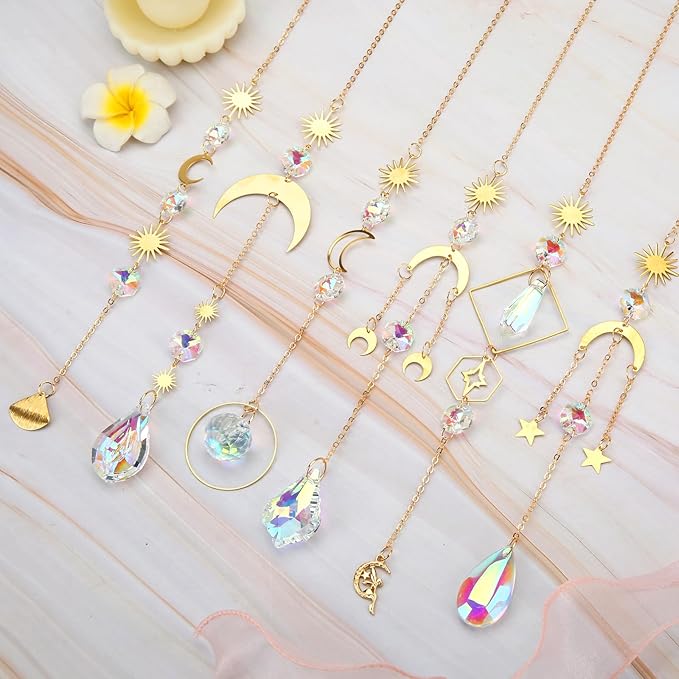 Crystal Suncatcher, 6 Pcs Sun Catchers for Indoor Windows Hanging Crystals Prism Rainbow Maker Ornaments for Garden Home Balcony Ceiling Cute Room Decor Wedding Party Gifts