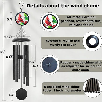 Cardinal Wind Chimes - 50-Inch Extra-Long Style,6 Thick Tubes, Cardinal Design, Soothing Deep Tone Suitable for Garden Decora, Sincere Sympathy Gifts to Grief and Honor Loved Ones