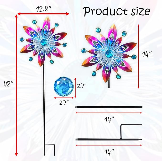 COOZZYHOR Soalr Wind Spinners Garden Stake,42 Inch Metal Peacock Feather Fiber Optic Windmills,Wind Sculpture Decor for Lawn, Patio&Yard Outdoor Decorations