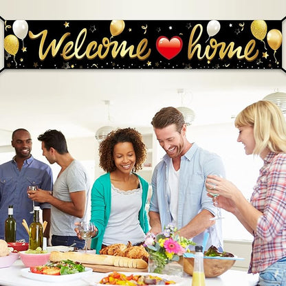 Welcome Home Banner Decoration, Black Gold Welcome Back Home Yard Sign for Outdoor Decor, Military Homecoming Deployment Returning Party Supplies